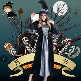 Gothic Halloween Mesh Dresses Women 2018 New Winter Witch Cosplay Costumes Hat Trendy Girls Theme Party Classic Pleated Dress